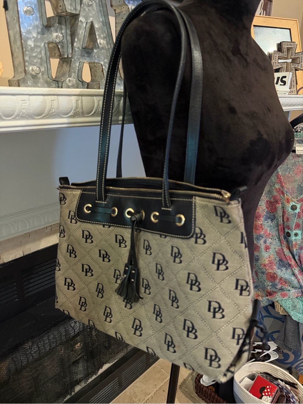 Dooney & Bourke Beige Logo Quilted Tote with Black Trim